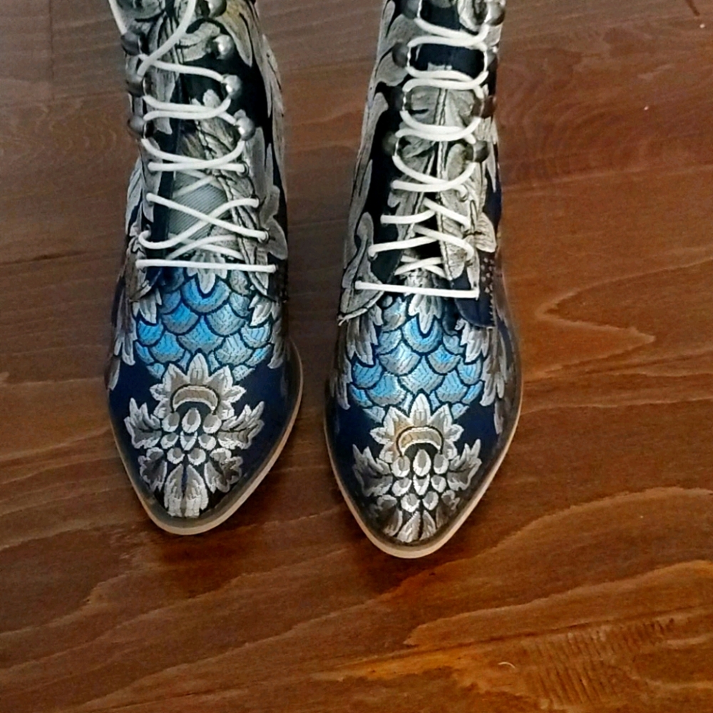 Blue Floral Embroidered Bootie